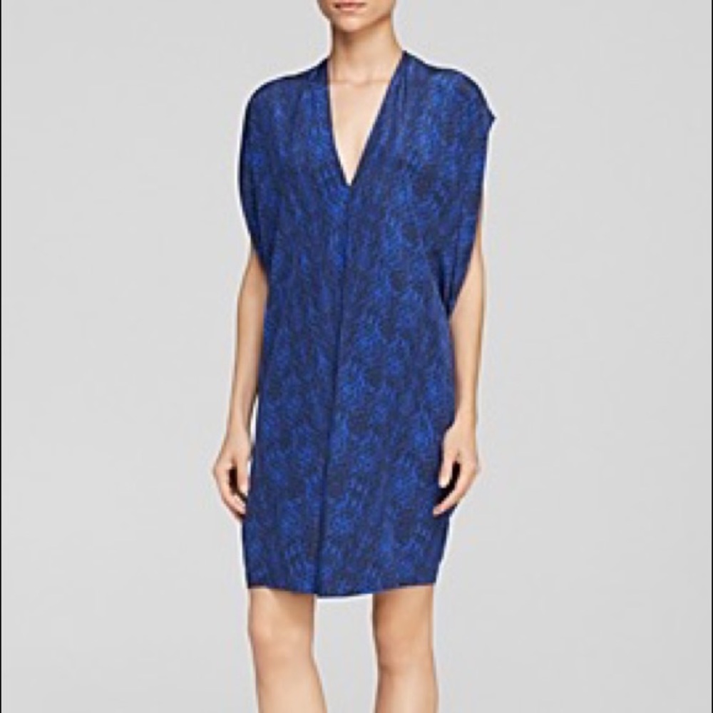 Vince Double V-Neck Silk Cobalt Blue Coastal Combo Print Dress | Small